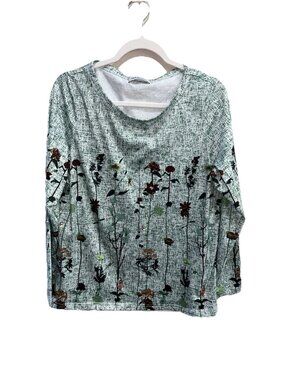 Misslook womans long sleeve top round neck sz M green floral graphic Lounge